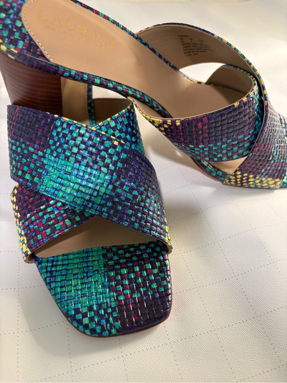 Lauren Ralph Lauren Multicolor Woven Cross-Strap Block Heel Sandals NWOT